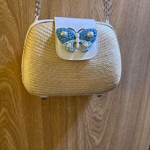 Chic Woven Cream and Blue Butterfly Women's Shoulder Bag